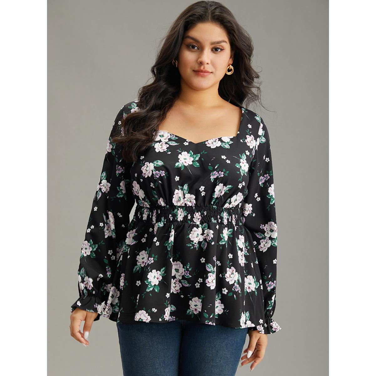 Plus Size Black Floral Square Neck Shirred Lantern Sleeve Blouse Women Elegant Long Sleeve Square Neck Dailywear Blouses BloomChic 12/L Product Image