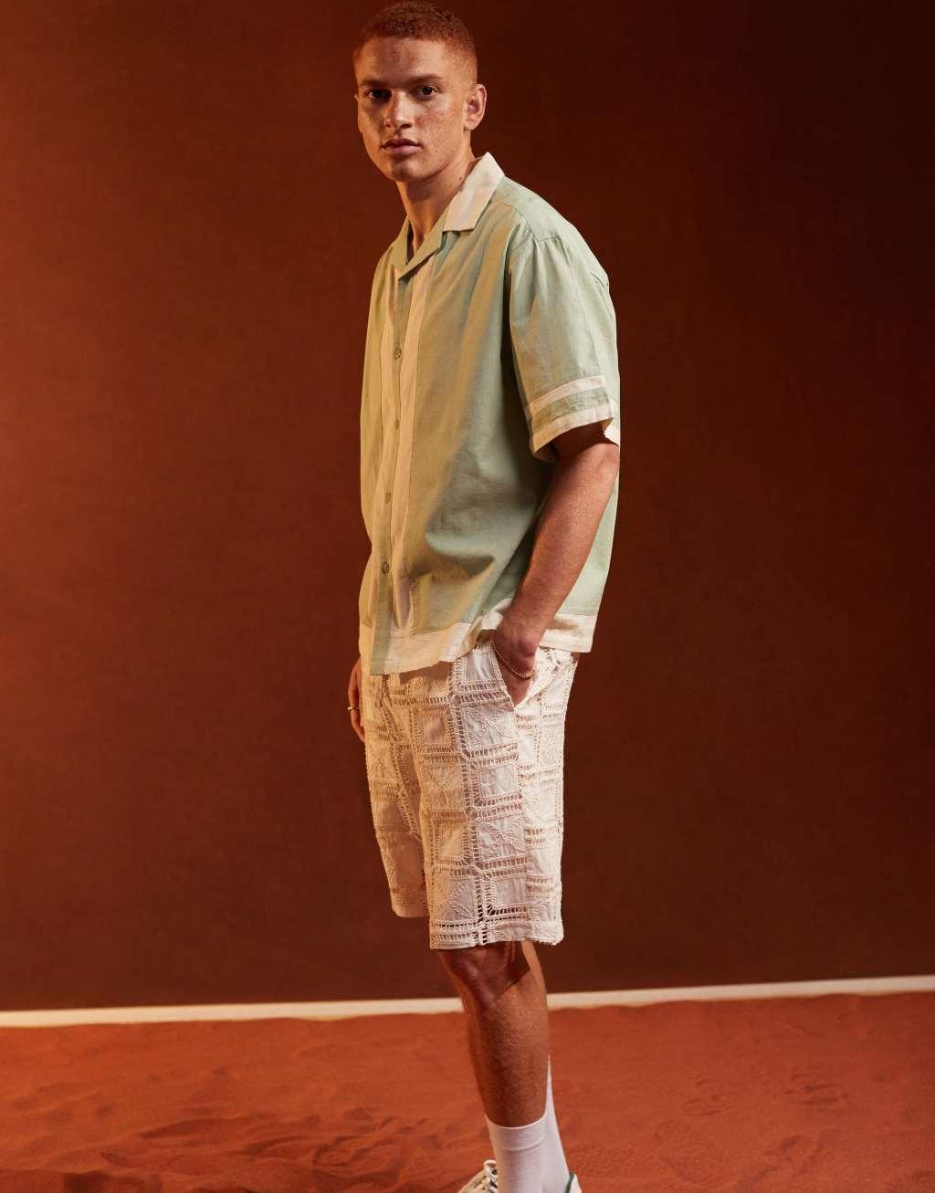 ASOS DESIGN oversized revere shirt in cut and sew in sage Product Image