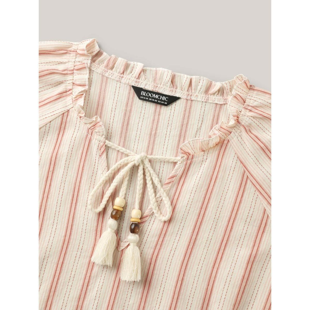 Plus Size Salmon Cotton Stripes Print Neck Tassels Flowy Blouse Women Short sleeve Notched collar Vacation Blouses BloomChic 30/6X Product Image