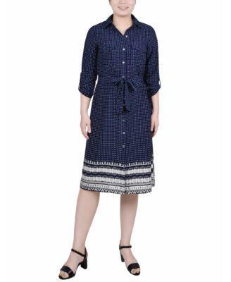 Ny Collection Petite 3/4 Roll Tab Sleeve Belted Shirtdress Product Image