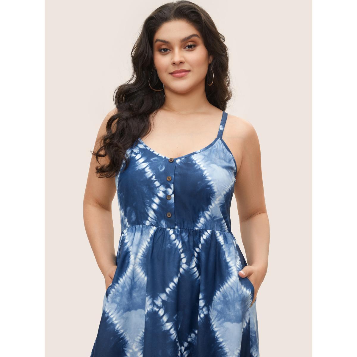 Plus Size Tie Dye Button Detail Cami Dress DarkBlue Women Casual Non Sleeveless Curvy Midi Dress BloomChic 14-16/1X Product Image