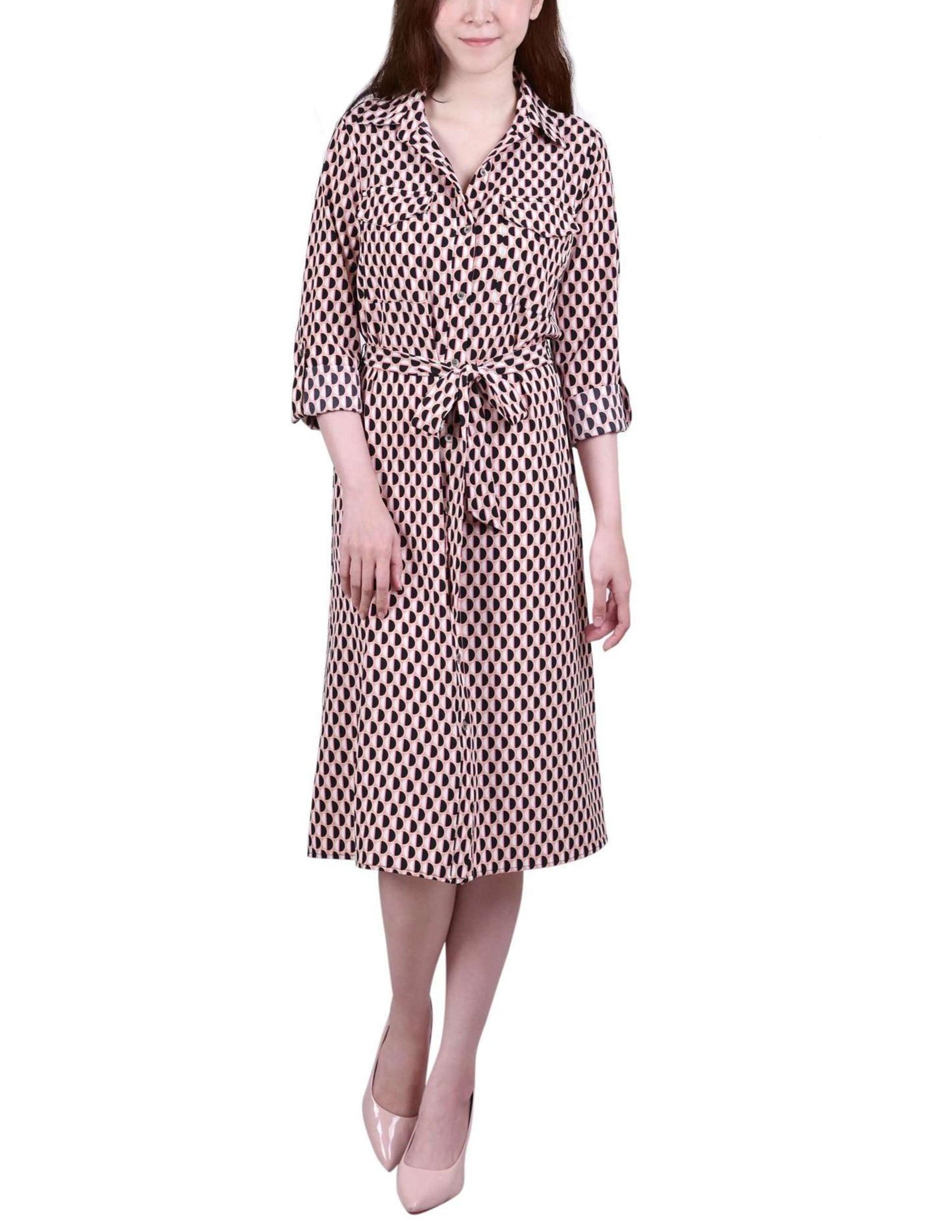 Peach Amber Geo 3/4 Roll Tab Sleeve Belted Shirtdress - Petite Product Image