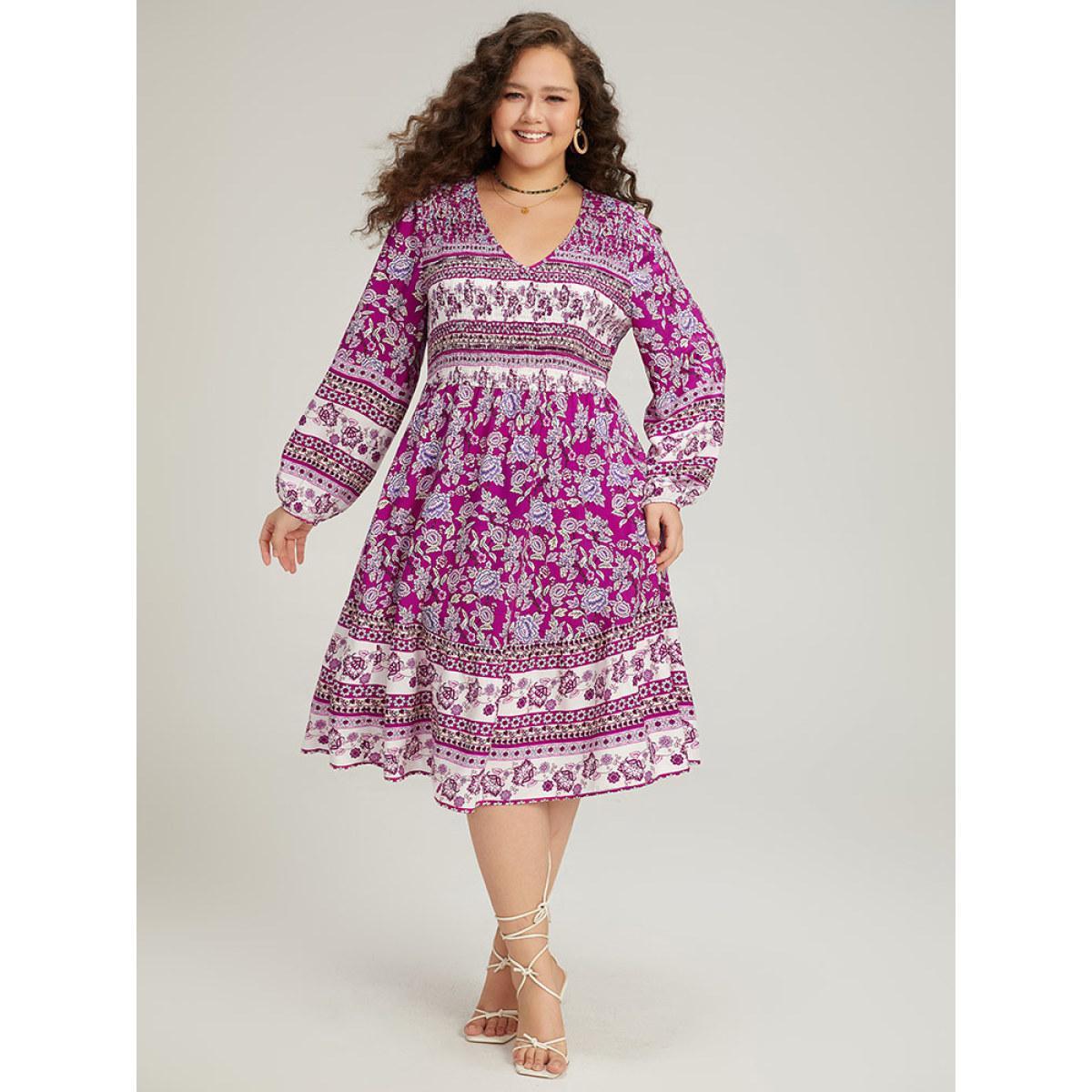 Plus Size Bandana Print Pocket V Neck Shirred Dress Purple Women Vacation Elastic cuffs V-neck Long Sleeve Curvy Midi Dress BloomChic 18-20/2X Product Image