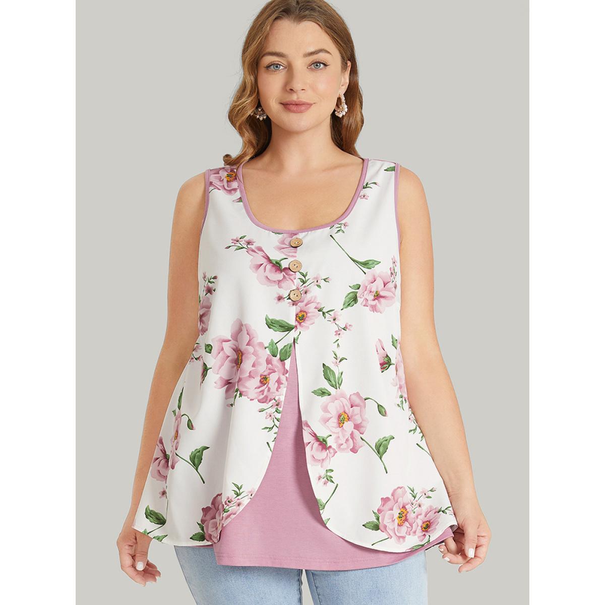 Plus Size Floral Split Front Button Detail 2-In-1 Tank Top Women Rouge Elegant Button Round Neck Dailywear Tank Tops Camis BloomChic 28/5X Product Image