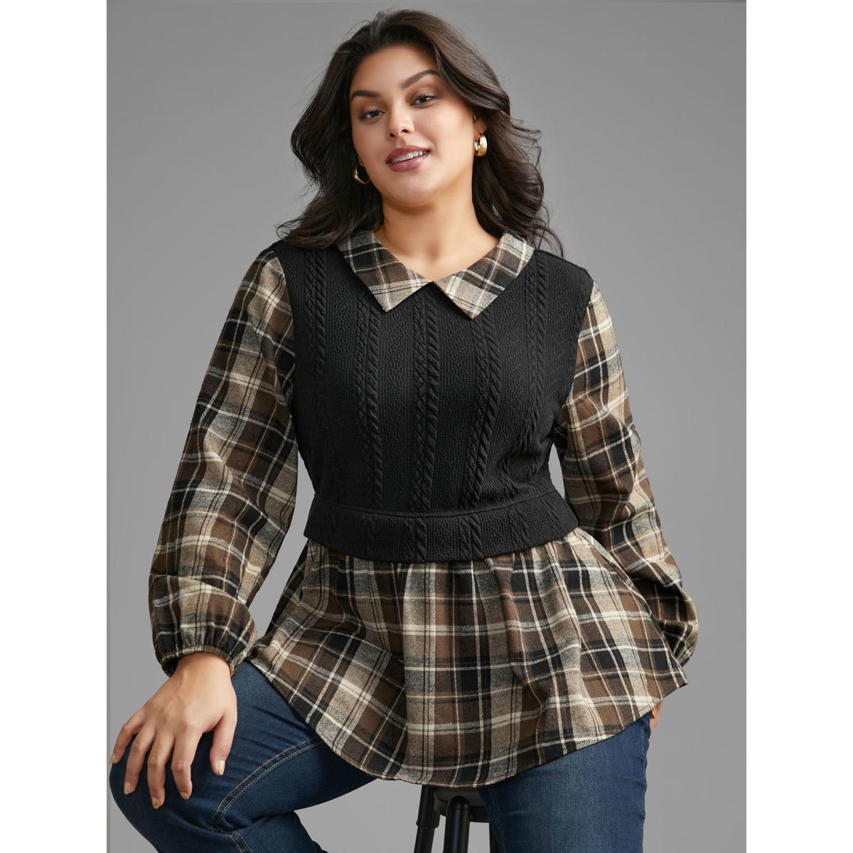 Plus Size DarkBrown Plaid Patchwork Texture Lantern Sleeve Blouse Women Elegant Long Sleeve Shirt collar Everyday Blouses BloomChic 18-20/2X Product Image