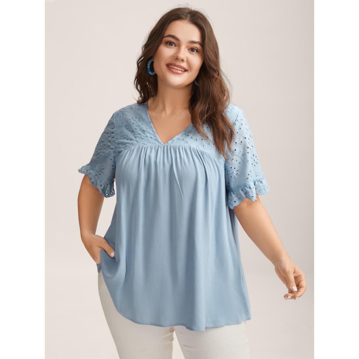 Plus Size LightBlue Rayon Eyelet Flowy Blouse Women Short sleeve V-neck Vacation Blouses BloomChic 10/M Product Image
