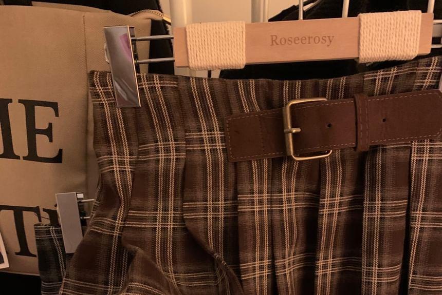 High Rise Plaid Pleated Mini A-Line Skirt Product Image