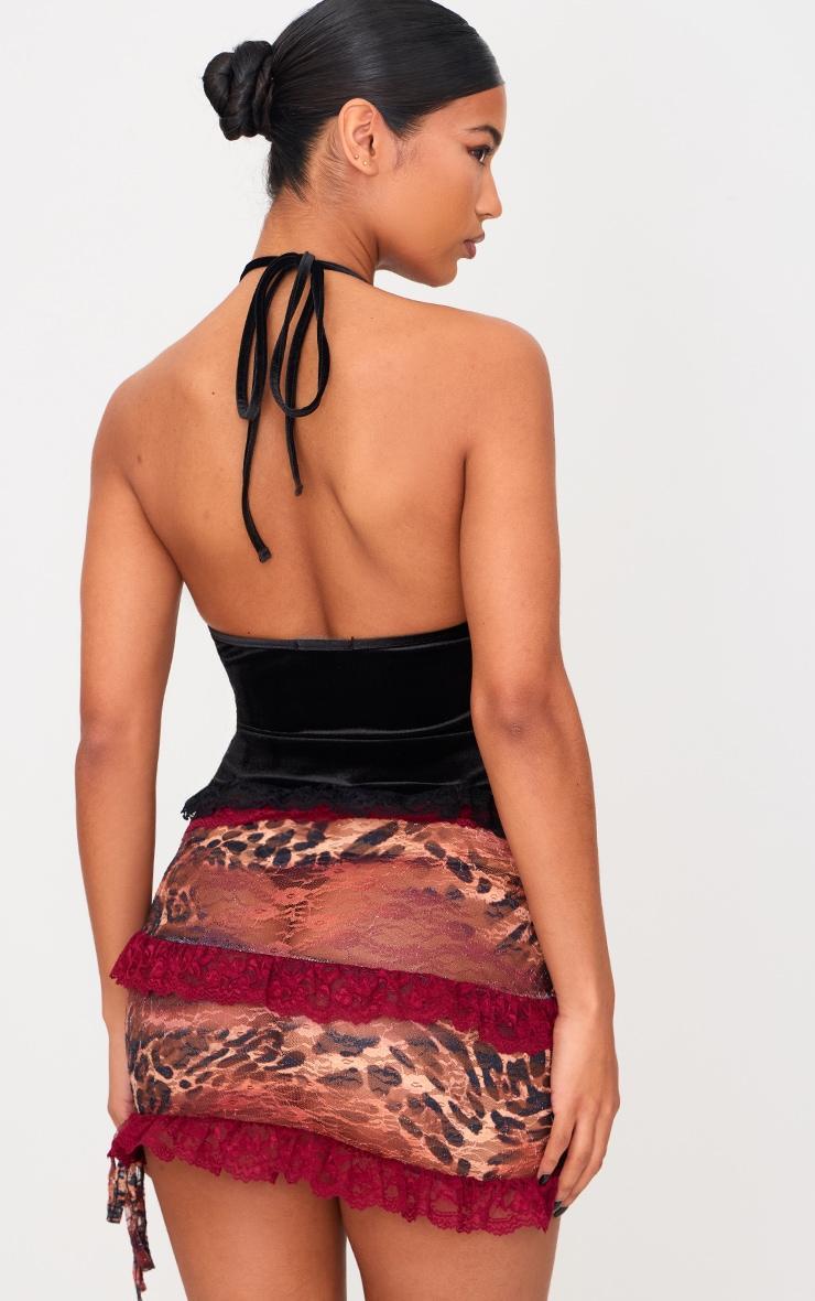 Black Velvet Lace Trim Low Back Halterneck Long Top Product Image