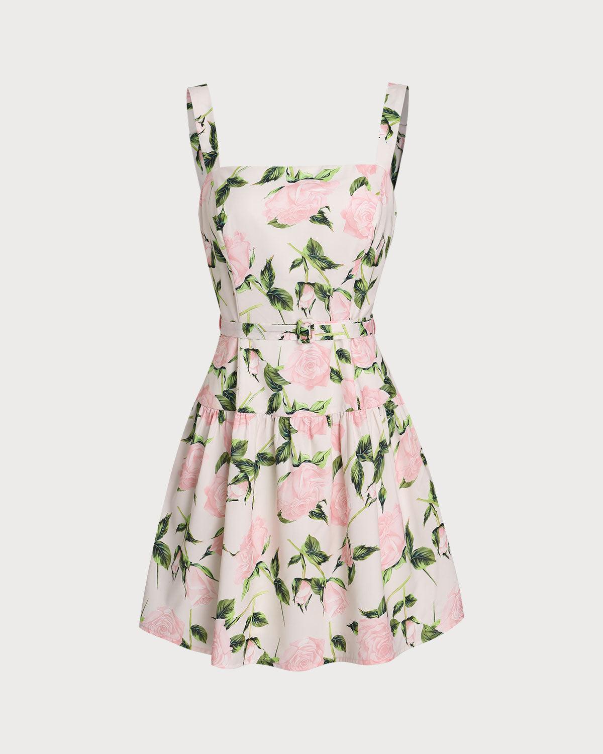 Pink Floral Ruched Belted Slip Mini Dress Product Image