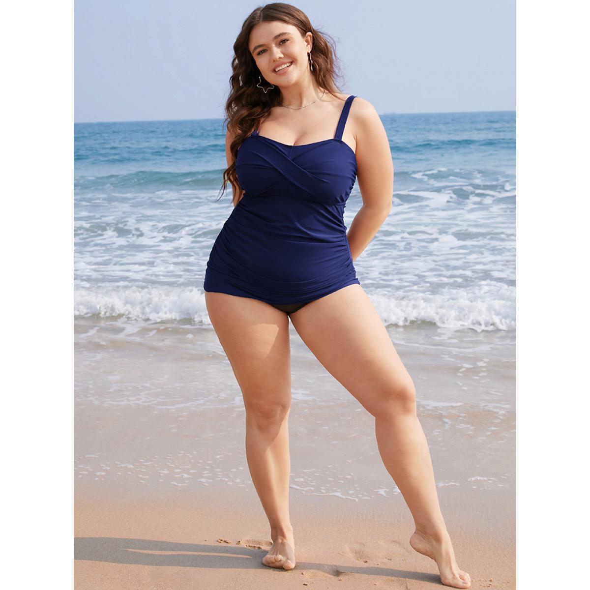 Plus Size Solid Crossover Gathered Adjustable Straps Tankini Top Women's Swimwear Indigo Vacation Adjustable Straps High stretch Skinny Spaghetti Strap Curve Swim Tops BloomChic 12/L Product Image