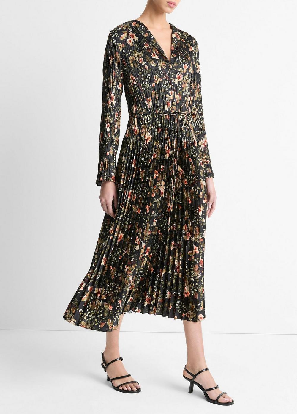 Womens Orchid Vine Pleated Satin Long-Sleeve Dress, Black Night, Size XXS Vince Product Image