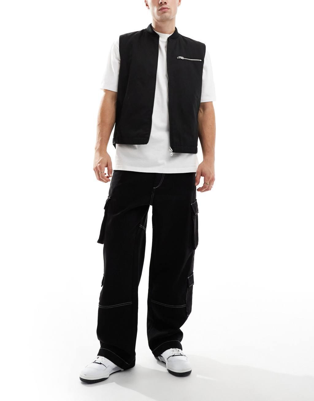 Bershka contrast stitch cargo pants in black Product Image