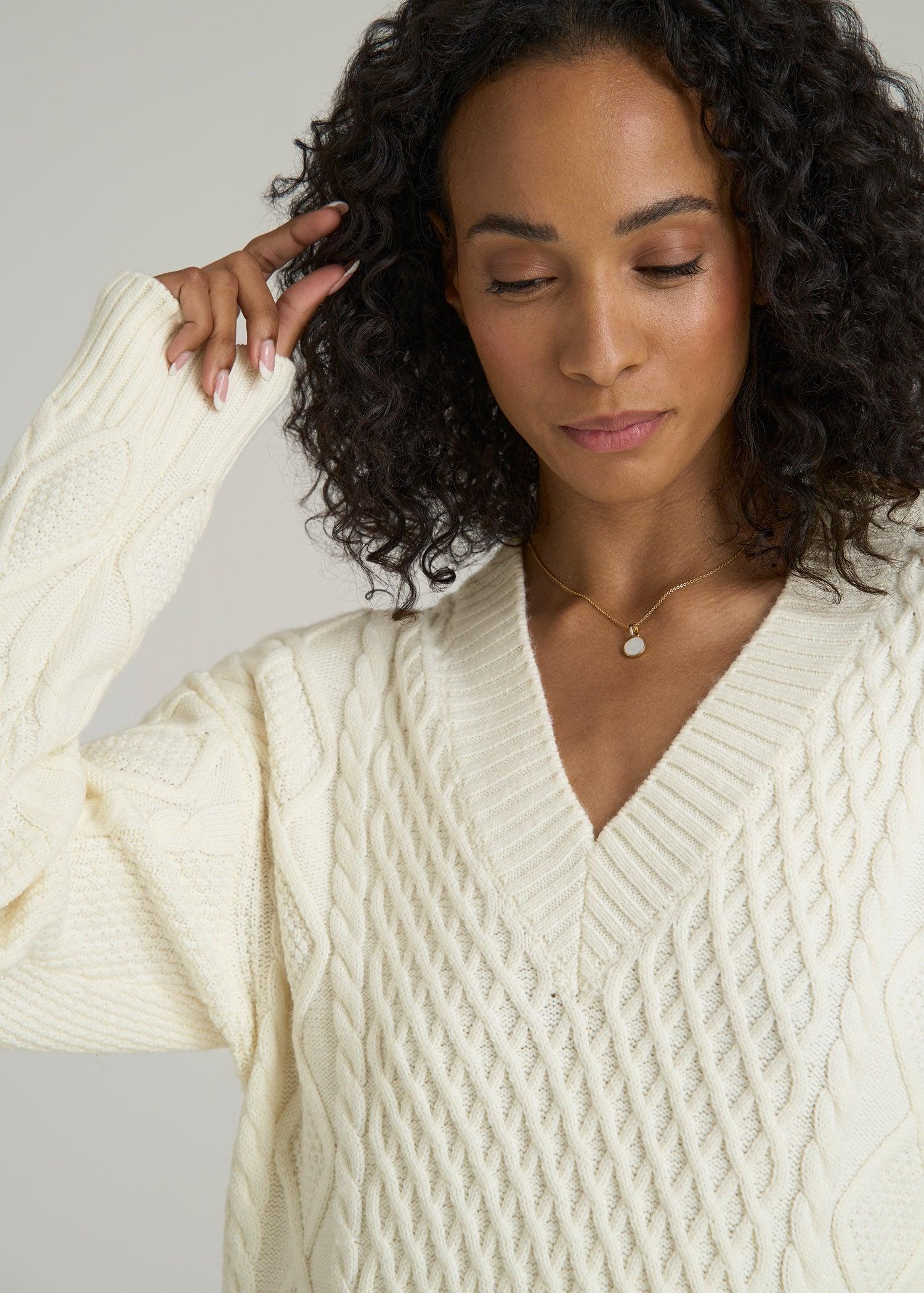 V Neck Cashmere Blend Cable Knit Women's Tall Sweater in Winter White Product Image