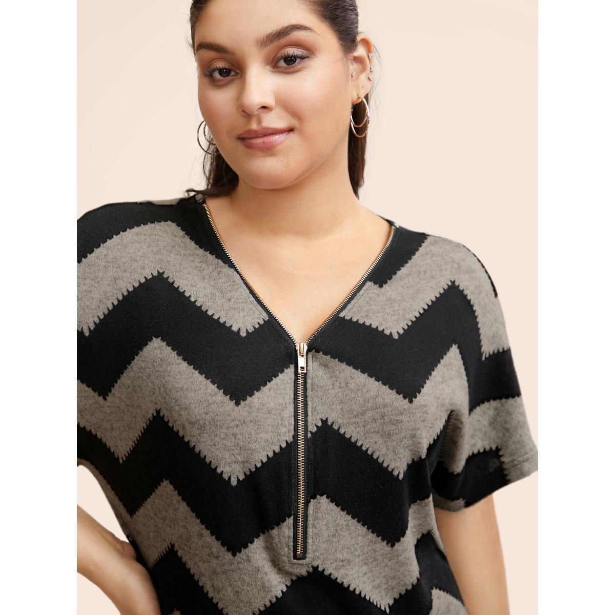 Plus Size Striped Zipper Batwing Sleeve T-shirt LightBrown Women Casual Zipper Striped V-neck Dailywear T-shirts BloomChic 18-20/2X Product Image