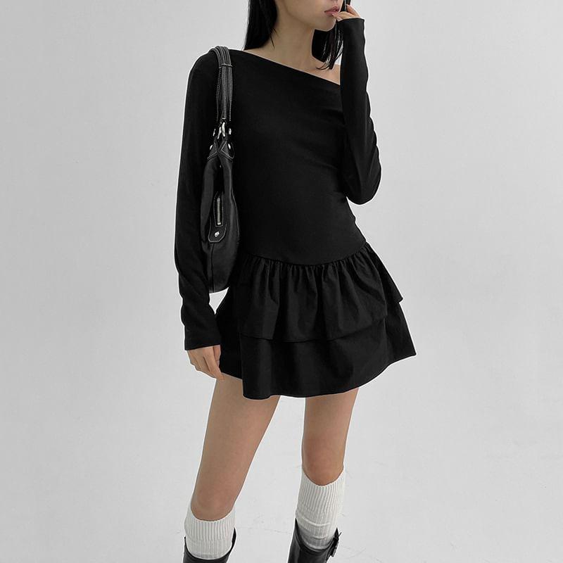 Long-Sleeve Off Shoulder Plain Mini A-Line Dress Product Image