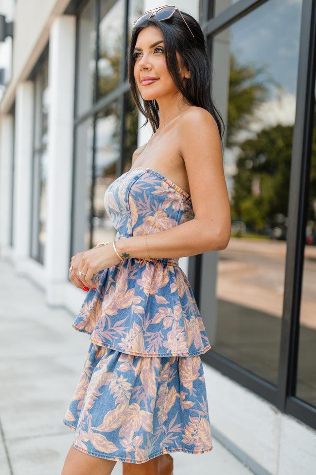 Next Chapter Medium Wash Printed Denim Strapless Dress FINAL SALE Product Image