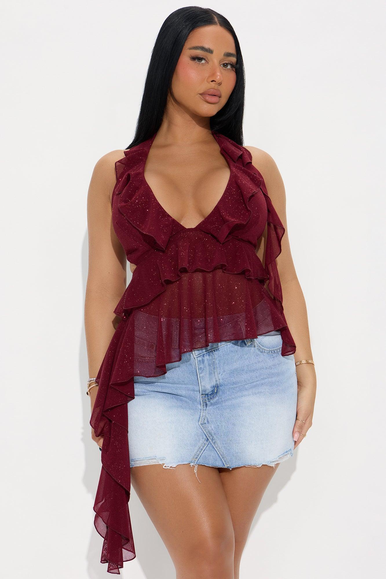 Carlita Glitter Mesh Halter Top - Burgundy Female Product Image