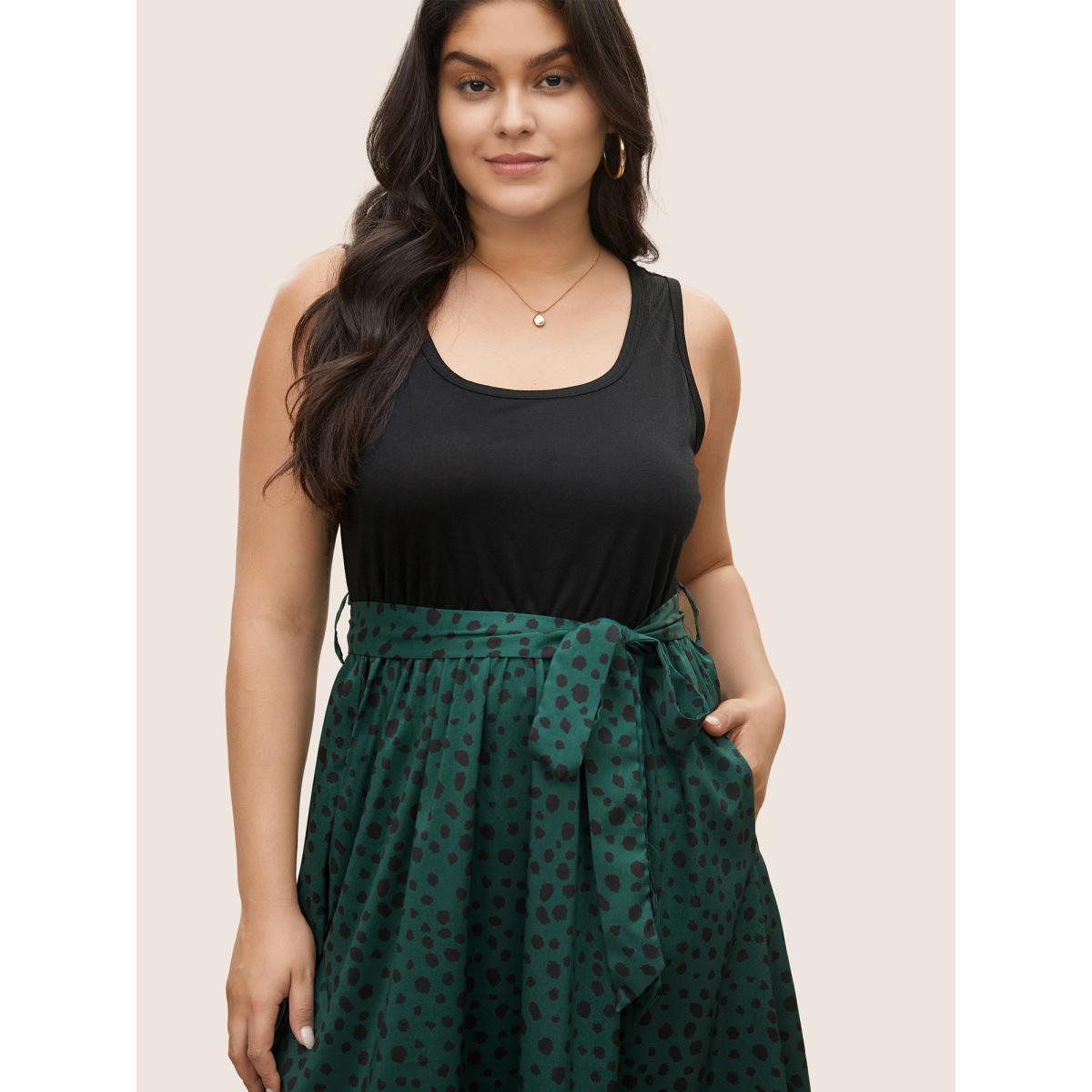 Plus Size Scoop Neck Leopard Patchwork Belted Dress Cyan Women Casual Non Sleeveless Curvy Midi Dress BloomChic 22-24/3X Product Image