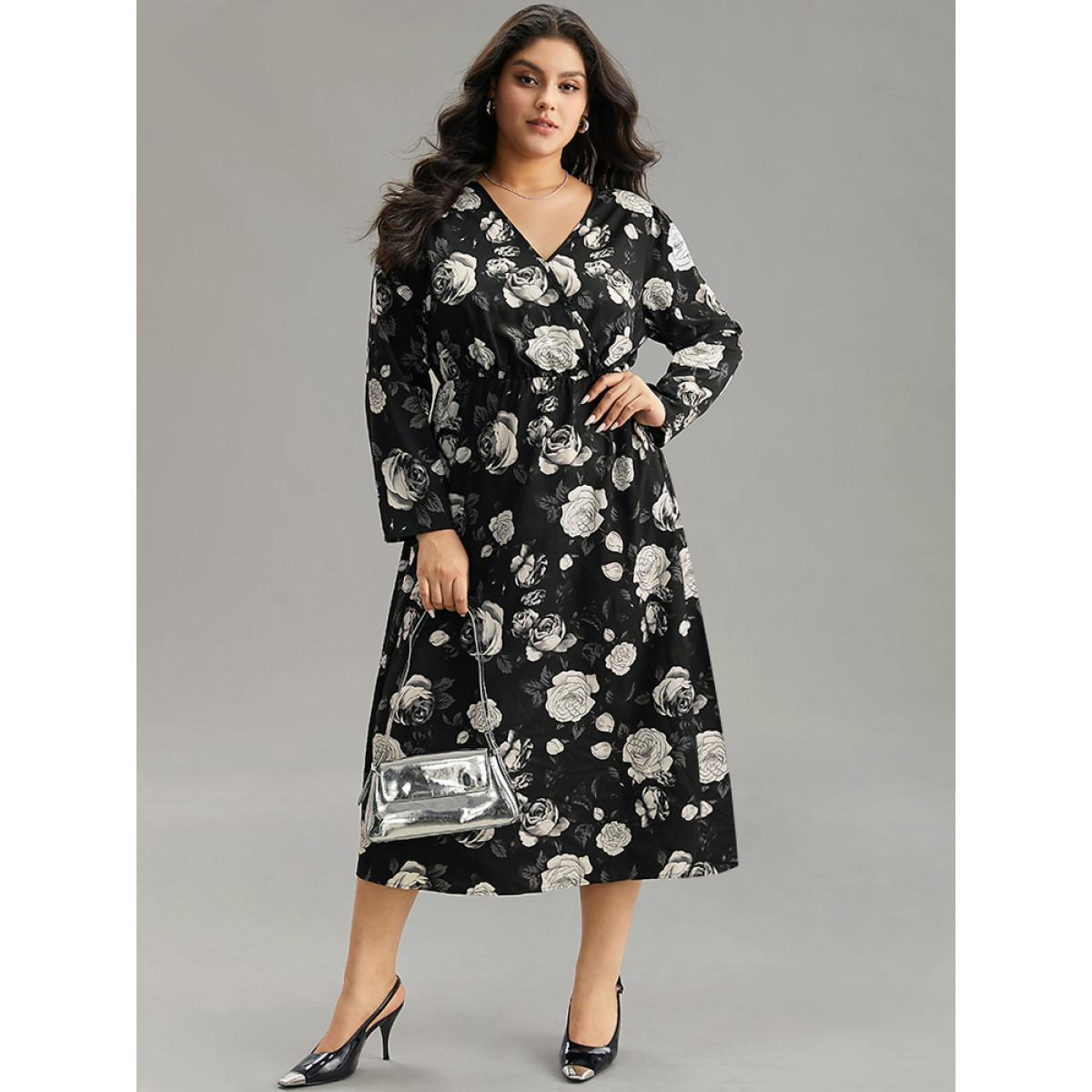 Plus Size Floral Print Pocket Elastic Waist Wrap Dress Black Women At the Office Wrap Overlap Collar Long Sleeve Curvy Midi Dress BloomChic 18-20/2X Product Image
