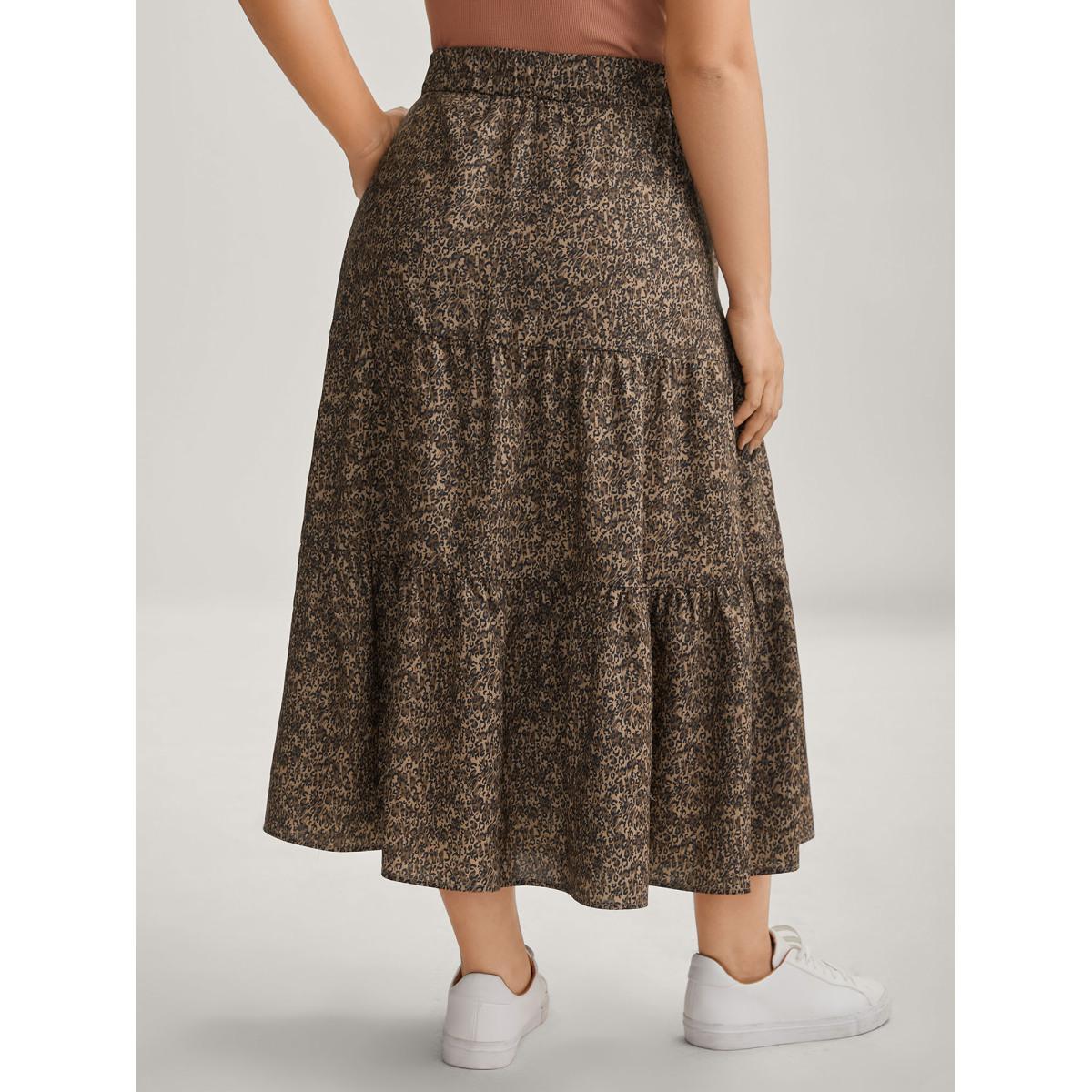 Plus Size Leopard Print Tiered Midi Skirt Women DarkBrown Bodycon High stretch Side seam pocket Everyday-Casual Skirts BloomChic 12/L Product Image