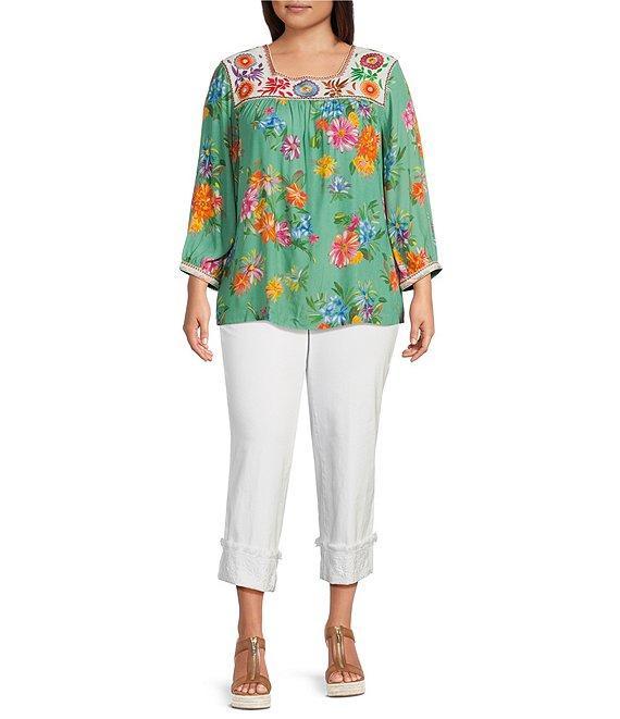 John Mark Plus Size Embroidered Floral Print Square Neck 3/4 Sleeve Peasant Top Product Image