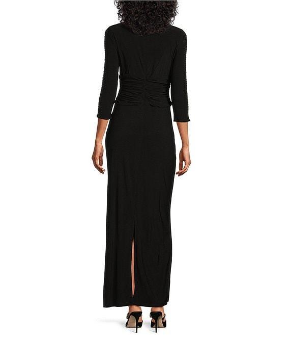 Ignite Evenings Embellished 3/4 Sleeve Ruched Bodice Boat Neck Column Gown Product Image