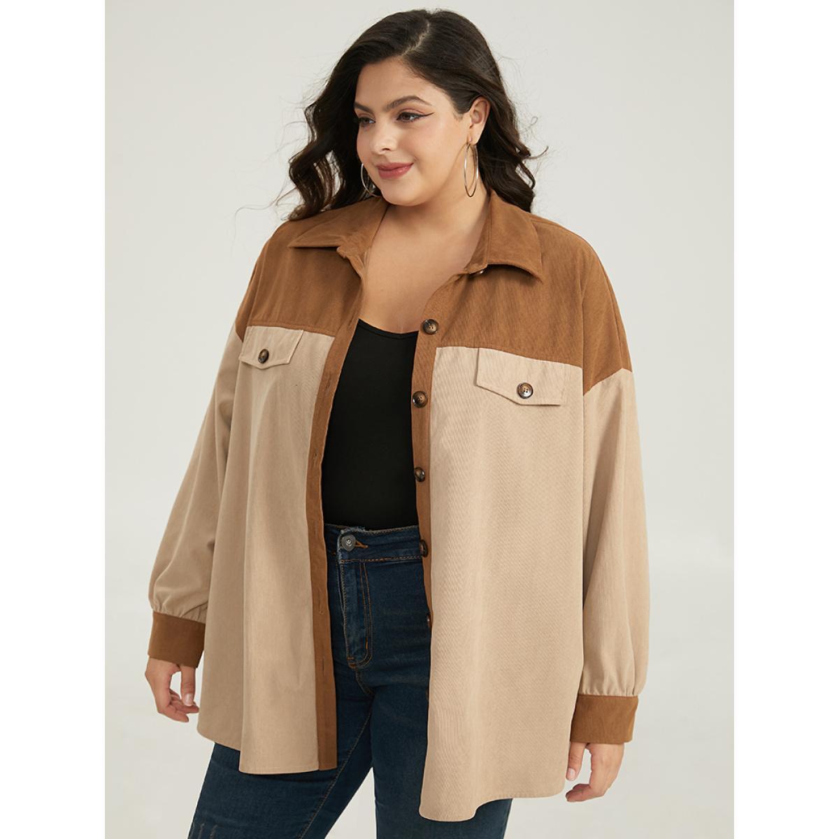 Plus Size Two Tone Button Through Patchwork Coat Women Tan Casual Contrast Ladies Dailywear Winter Coats BloomChic 30/6X Product Image