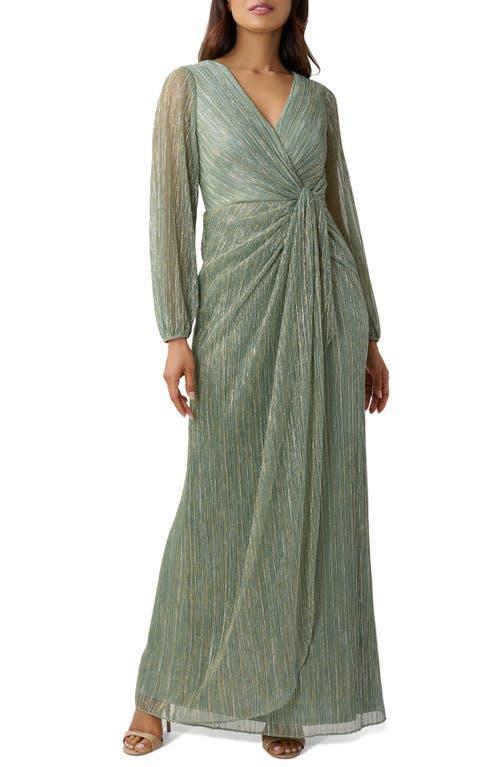 Adrianna Papell Metallic Long Sleeve Surplice V-Neck Ruched Detailed Draped Gown Product Image