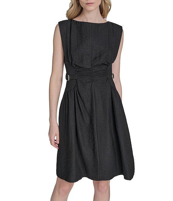 Vince Camuto Woven Boat Neck Sleeveless Ruched Fit and Flare Dress Product Image