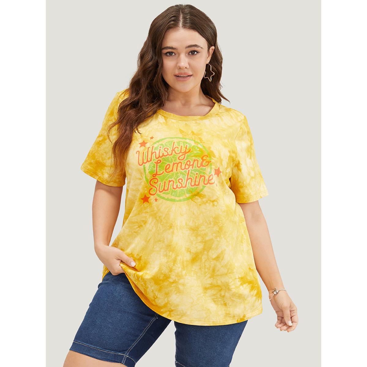 Plus Size Lemon & Letter Print Crew Neck Tie Dye T-shirt Yellow Women Casual Graphic Dailywear T-shirts BloomChic 14-16/1X Product Image