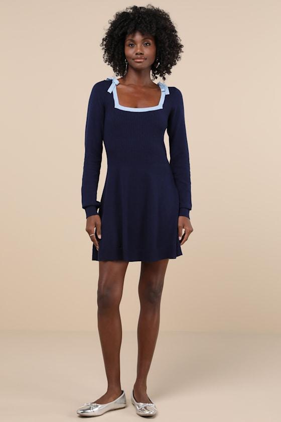 Perfect Outcome Navy Long Sleeve Sweater Mini Dress Product Image