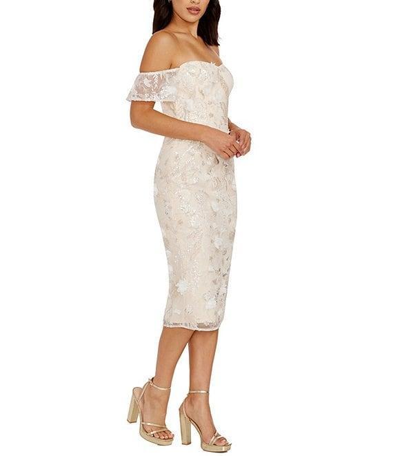 Dress the Population Tara Off the Shoulder 3D Mesh Sheath Midi Dress Product Image