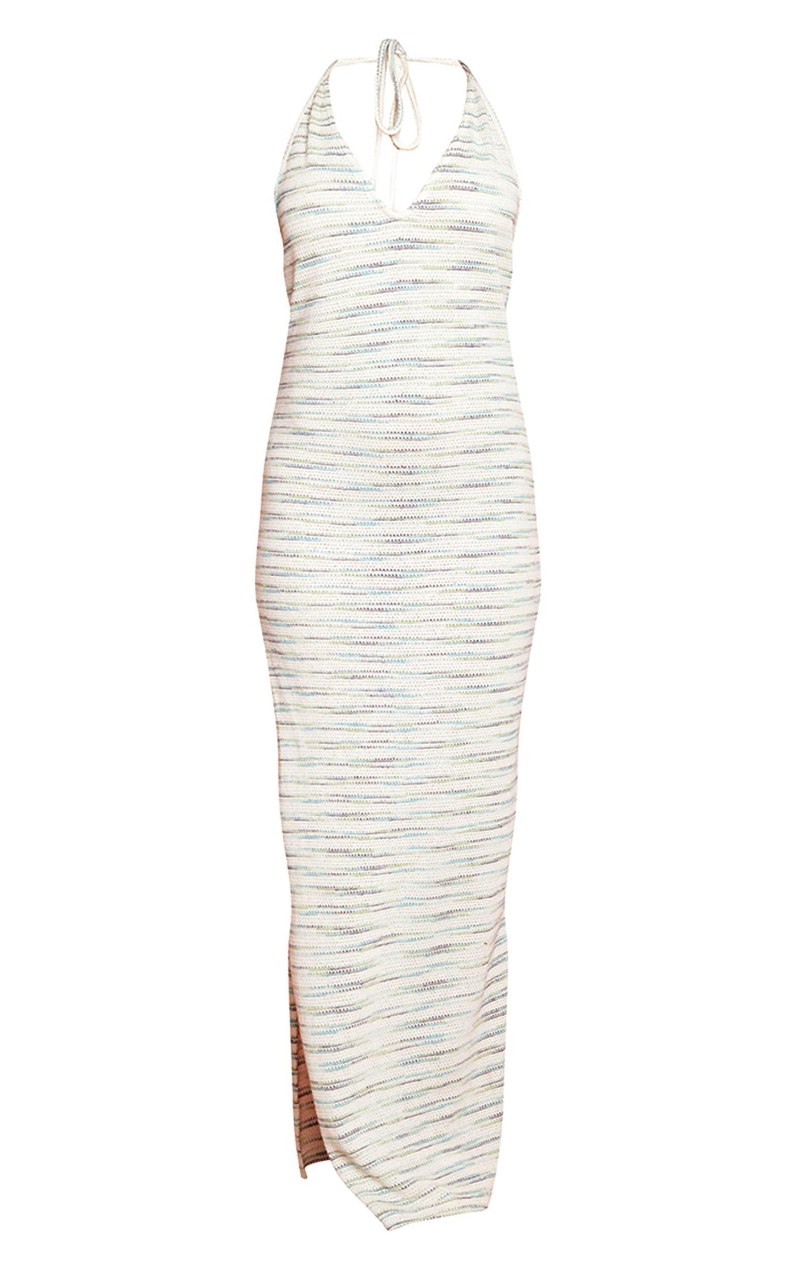 Green Textured Halterneck Backless Maxi Dress Product Image