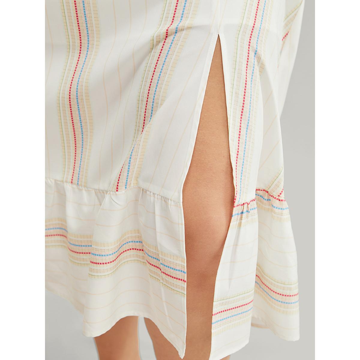 Plus Size Striped Contrast Flutter Hem Dolman Sleeve Pocket Split Wrap Dress Ivory Women Vacation Contrast V-neck Short sleeve Curvy Midi Dress BloomChic 22-24/3X Product Image