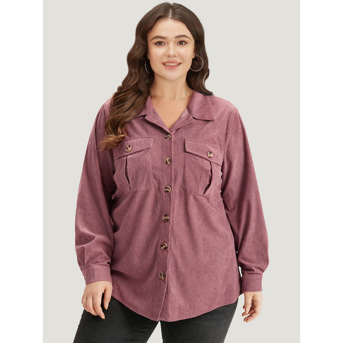 Plus Size Plain Texture Pocket Button Through Shirt Collar Coat Women DustyPink Casual Texture Ladies Dailywear Winter Coats BloomChic 28/5X Product Image
