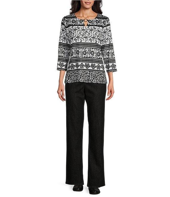 Allison Daley Floral Stripe 3/4 Sleeve Keyhole Neck Knit Top Product Image