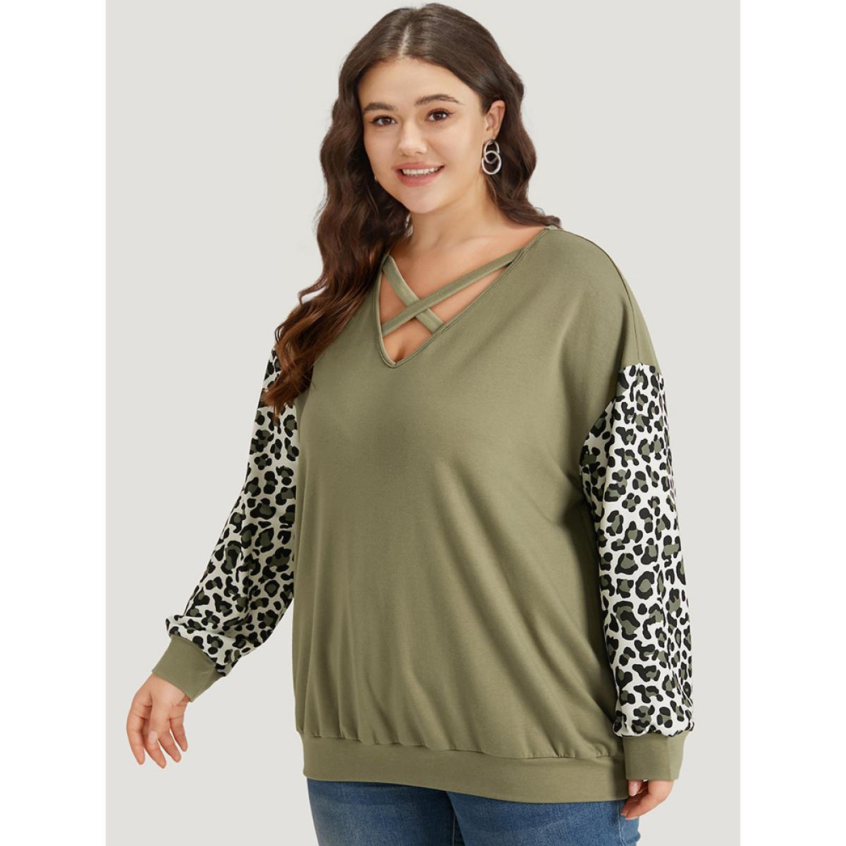Plus Size Leopard Patchwork Crisscross Neck Elastic Cuffs Sweatshirt Women Sage Casual Elastic cuffs V-neck Dailywear Sweatshirts BloomChic 22-24/3X Product Image