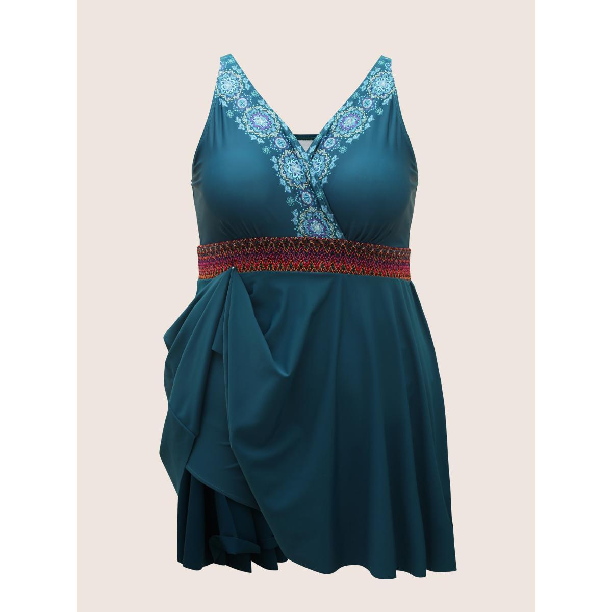 Plus Size Overlap Collar Bandana Print Contrast Webbing Swim Dress Women's Swimwear Cyan Beach Bodycon Overlap Collar High stretch Curve Swim Dresses BloomChic 14-16/1X Product Image