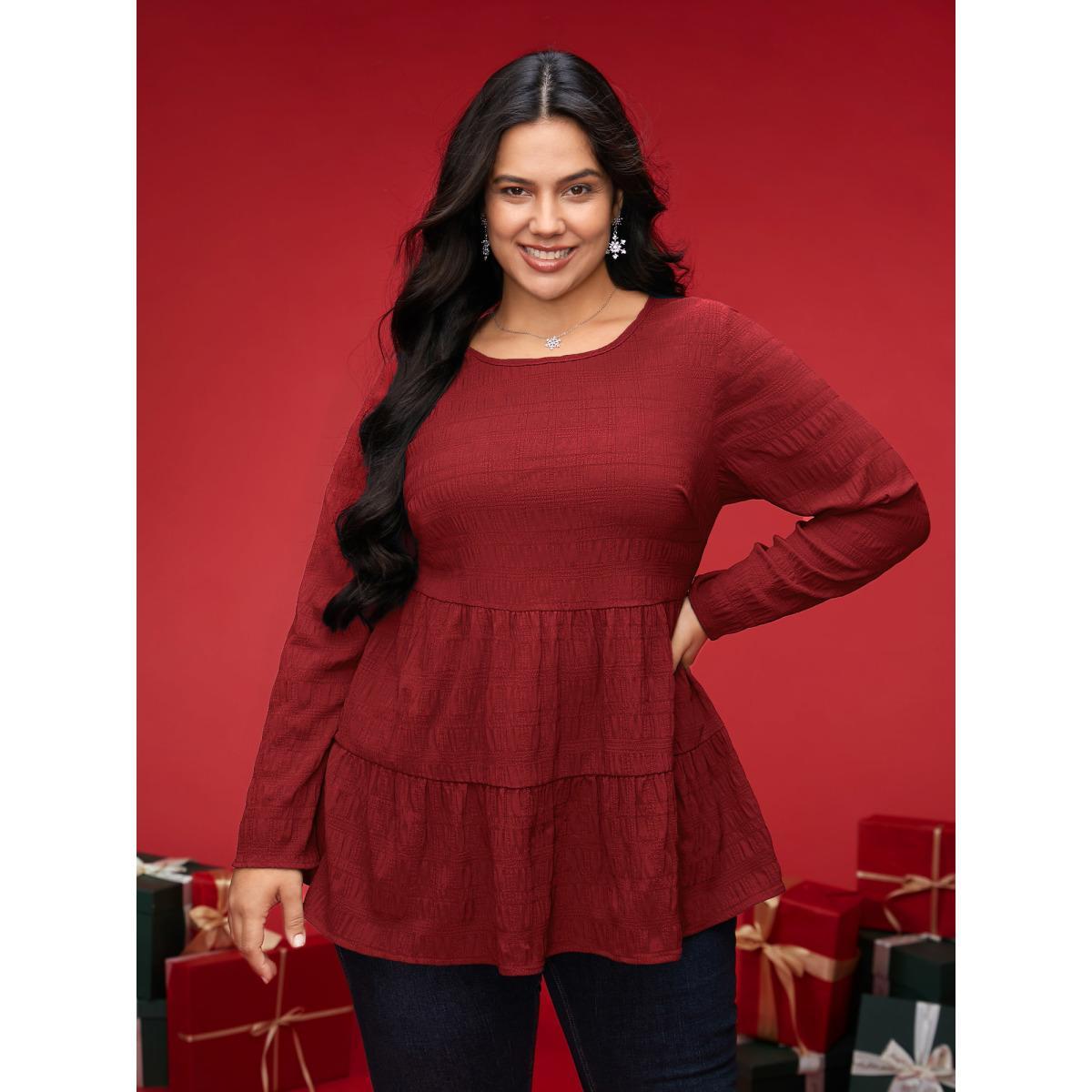 Plus Size Deepred Textured Round Neck Tiered Hem Blouse Women Casual Long Sleeve Round Neck Everyday Blouses BloomChic 30/6X Product Image