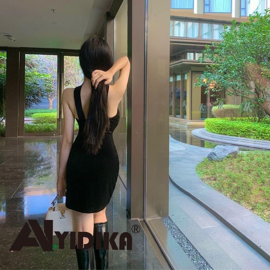 Halter Plain Ruched Velvet Mini Sheath Dress Product Image