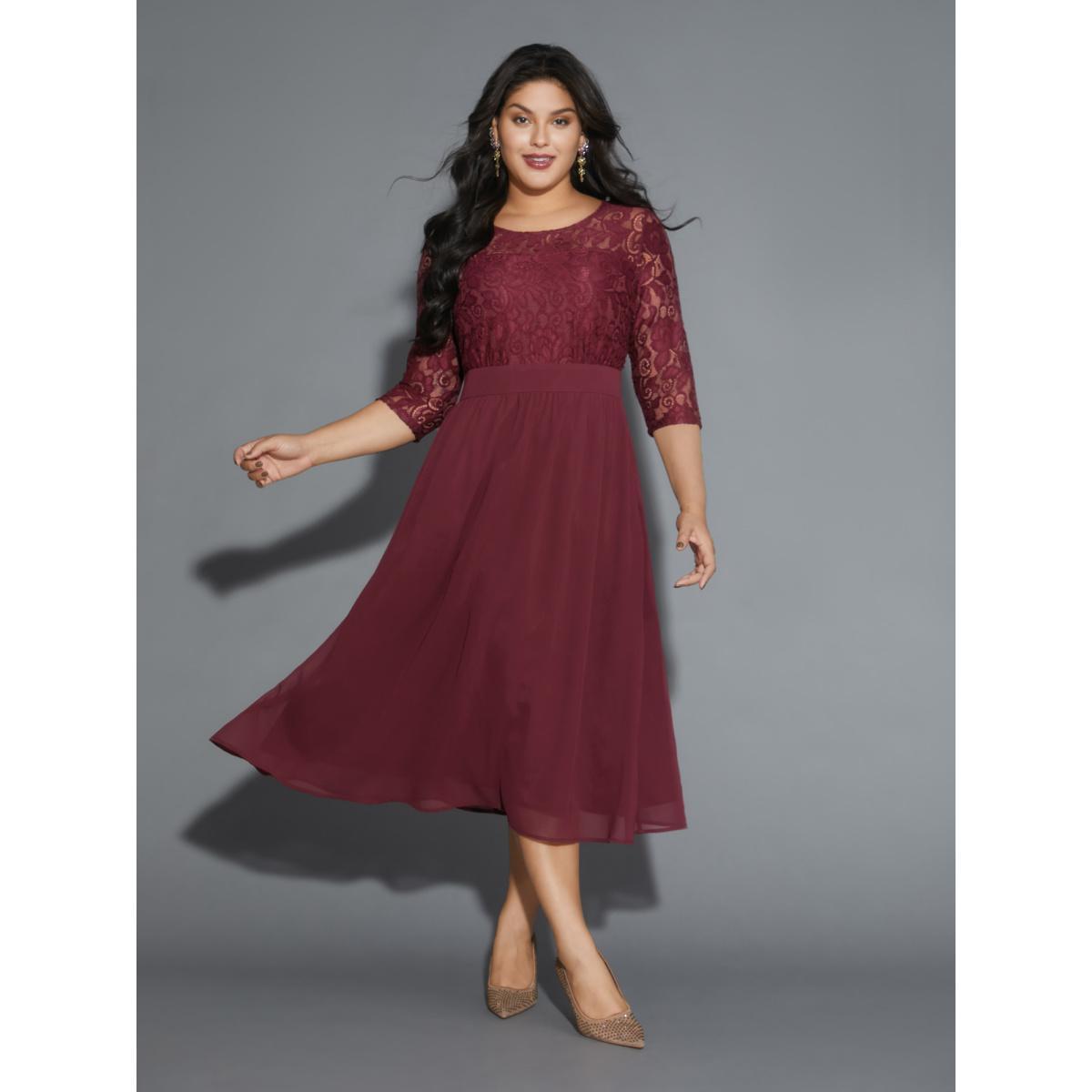 Plus Size Lace Patchwork Shirred Midi Pocket Dress Burgundy Women Cocktail Woven ribbon&lace trim Round Neck Elbow-length sleeve Curvy BloomChic 26/4X Product Image