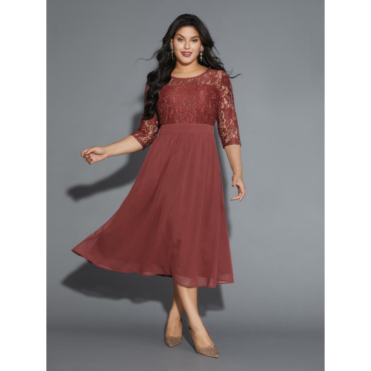 Plus Size Lace Patchwork Shirred Midi Pocket Dress Russet Women Cocktail Woven ribbon&lace trim Round Neck Elbow-length sleeve Curvy BloomChic 14-16/1X Product Image