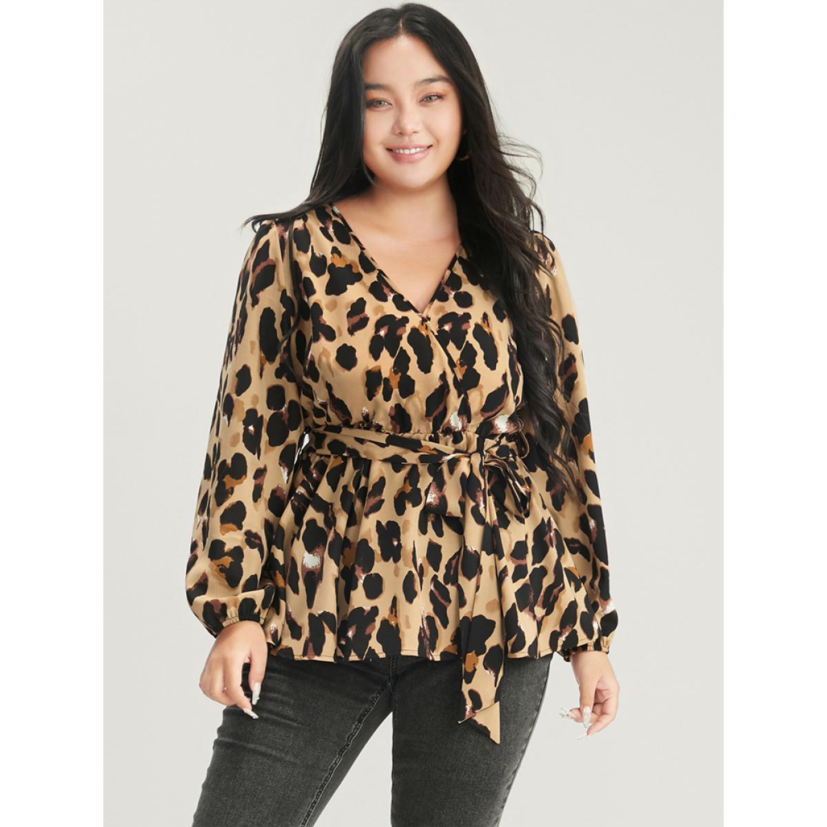 Plus Size LightBrown Leopard Belted Wrap Lantern Sleeve Blouse Women Elegant Long Sleeve V-neck Dailywear Blouses BloomChic 12/L Product Image
