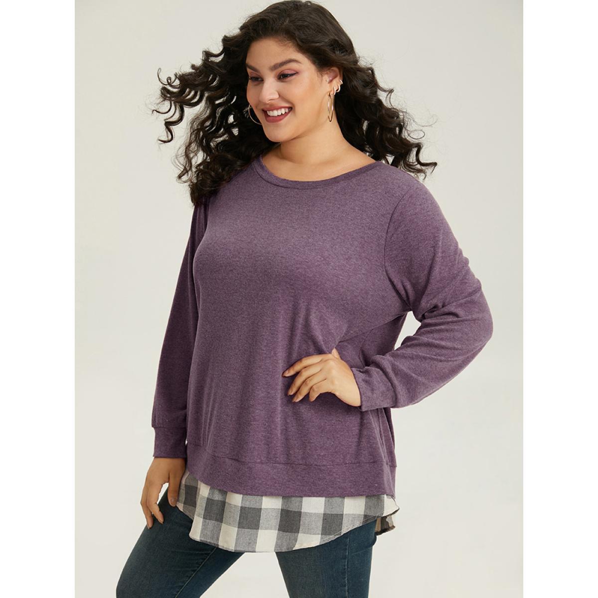 Plus Size Heather Plaid Patchwork Crew Neck T-shirt Purple Women Casual Heather Plaid Round Neck Everyday T-shirts BloomChic 18-20/2X Product Image