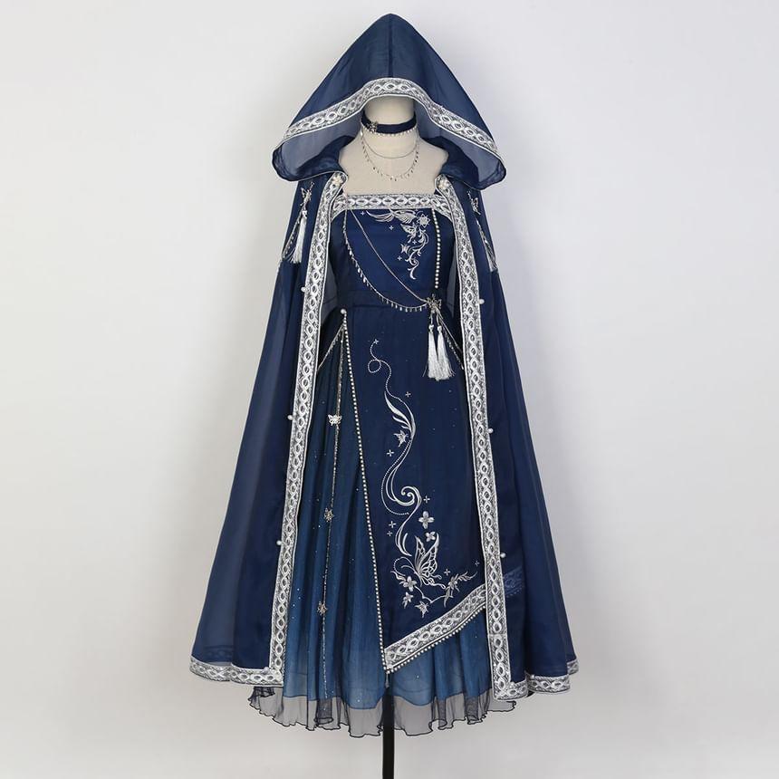 Spaghetti Strap Embroidered Hanfu Midi A-Line Dress / Light Cape / Set Product Image
