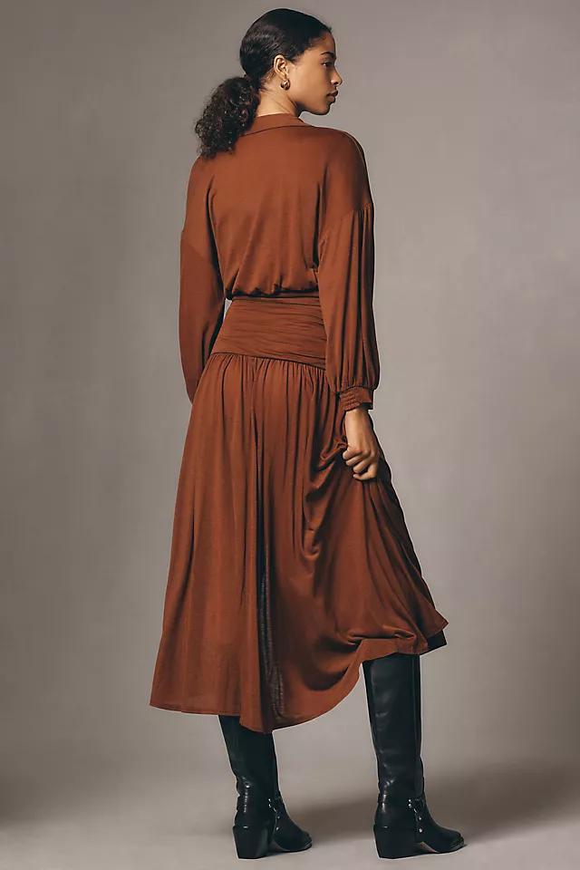 Maeve Long-Sleeve V-Neck Ruched Midi Dress Product Image