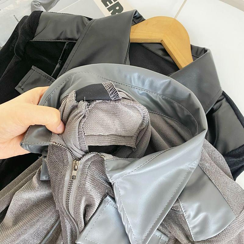 Collared Faux Leather Panel Zip-Up Velvet Crop Jacket Product Image