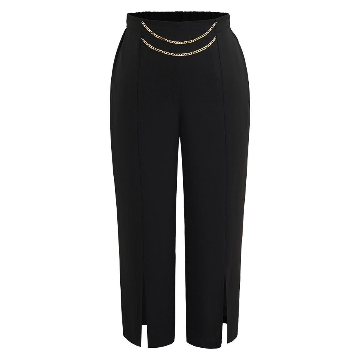 Plus Size Static-Free Metal Chain Detail Split Hem Pants Women Black At the Office Straight Leg High Rise Work Pants BloomChic 14-16/1X Product Image