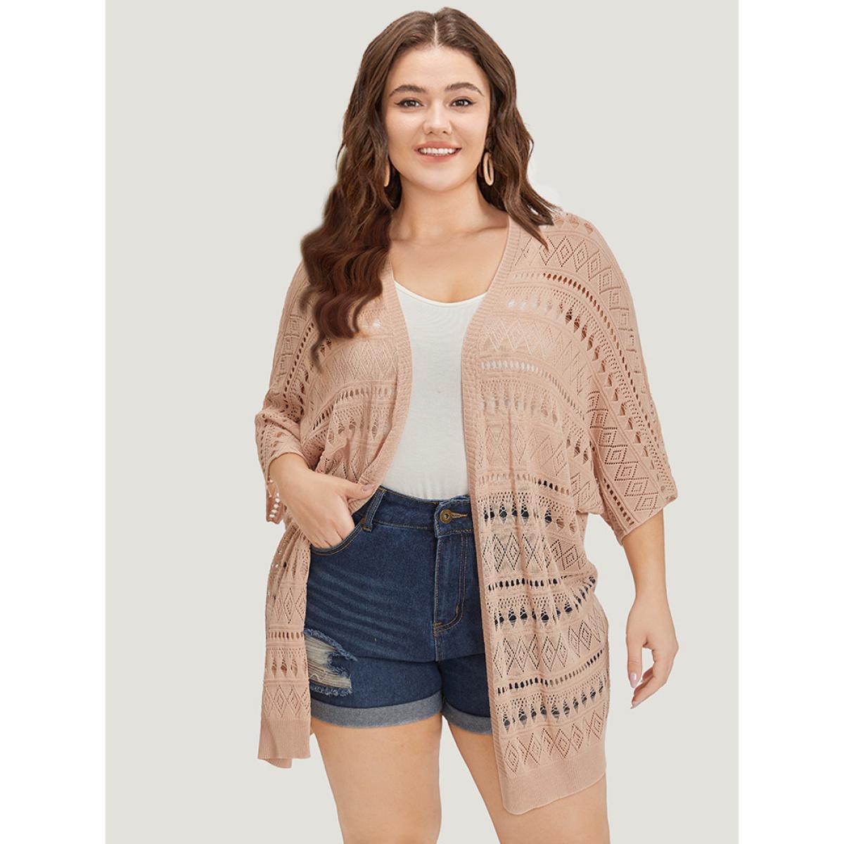 Plus Size Plain Geometric Eyelet Batwing Sleeve Open Front Cardigan Apricot Women Casual Short sleeve Everyday Cardigans BloomChic 12/L Product Image