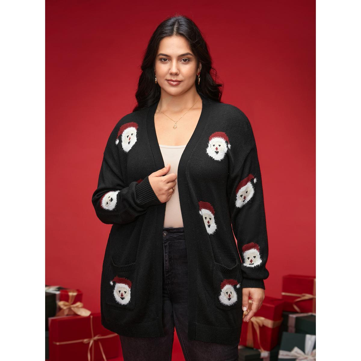 Plus Size Jolly Fellow Pattern Open Knit Cardigan Black Women Casual Loose Long Sleeve Everyday Cardigans BloomChic 12/L Product Image